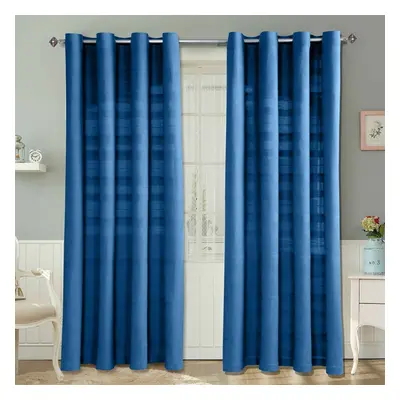 (W 167cm x Drop 182cm, Blue) Cotton Rajput Ribbed Curtain Pair