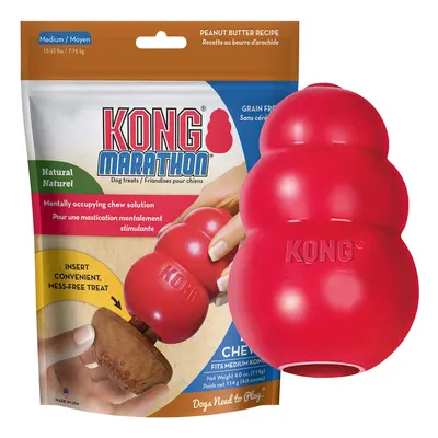 KONG - Classic Durable Dog Toy and Marathon Chew Treat Combo (2 Pieces) - Peanut Butter Medium