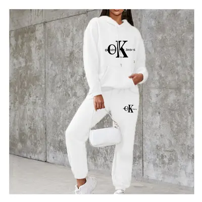 (White, M) Women Letters Print Long Sleeve Drawstring Elastic Waist With Pocket Hooded Sweatshir