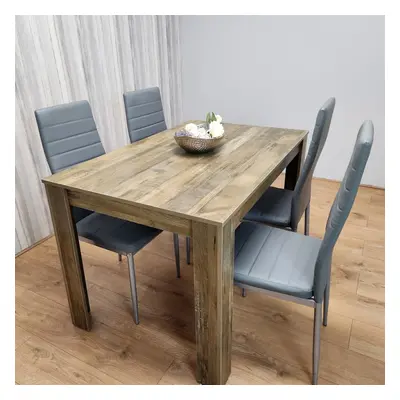 Dining Table and Chairs Rustic Effect Wood Table Grey Leather Chairs Dining Room