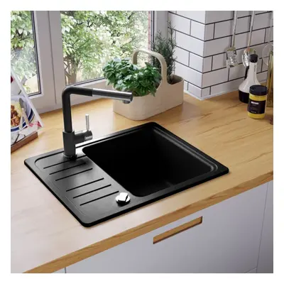 vidaXL Granite Kitchen Sink Single Basin Black Overmount with Basket Strainer