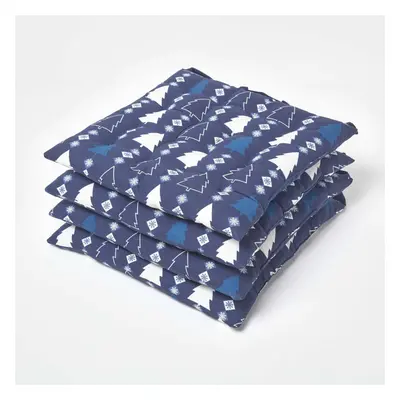 Homescapes Blue Winterland Christmas Seat Pad with Straps 100% Cotton x cm