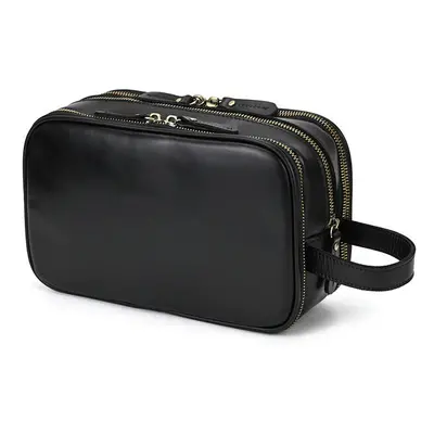 (Black (30cm)) Genuine leather toiletry travel bag for men women black luxury style makeup bags 