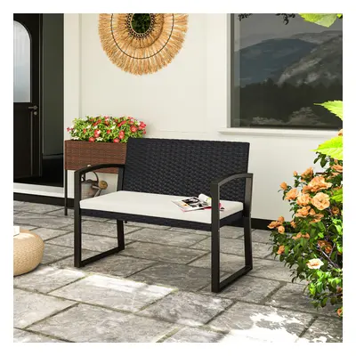 Outsunny Seater Rattan Garden Bench with Cushion, Steel Frame, Black