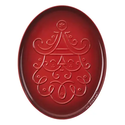 Le creuset Stoneware Noel collection: Oval Santa cookie Platter, oz, cerise wEmbossed Design