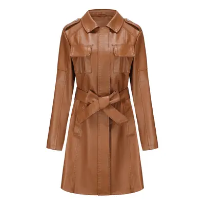 (camel, M) Womens Fashion Lapel Double Breasted Lambskin Leather Mid Long Jacket Coat