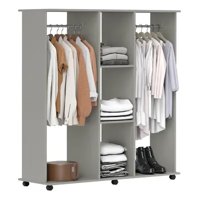 HOMCOM Mobile Double Open Wardrobe w/ Clothes Hanging Rail Clothing Grey