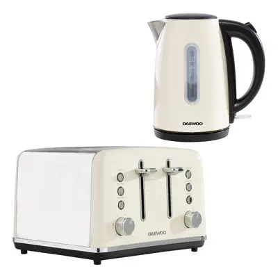 (Cream) Daewoo Kensington Retro Matching Stainless Steel Slice Toaster and Kettle Set 1.7 Litres