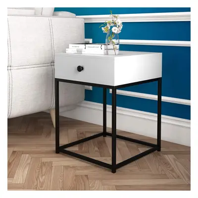 Bedside Table White with Drawer and Metal Frame for Home and Office, Modern Small Bedside Cabine