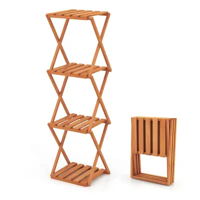 OSTWAY 4-Tier Folding Plant Rack Free Standing Shoe Rack w/Wood Frame-Natural