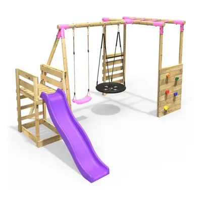 (Monkey Bars plus Deck & 6ft Slide - Satellite, Pink) Rebo Wooden Children's Swing Set with Monk