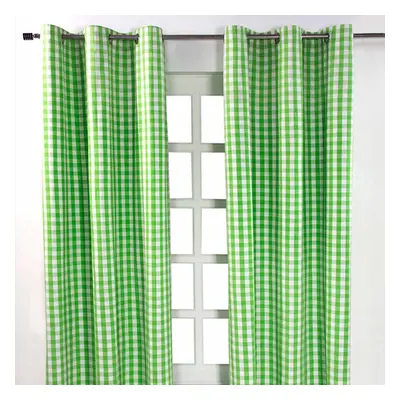 (W 137cm x Drop cm, Green) Cotton Block Check Gingham Eyelet Curtains