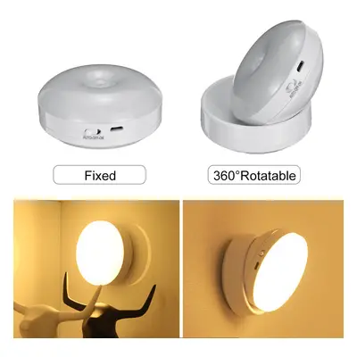 (Warm Light, 360Rotatable, USB Rechargeable) Degree Rotation LED Motion Sensor Night Light USB R