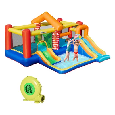 Outsunny Kids Bouncy Castle with Double Slides Pool Trampoline with Blower