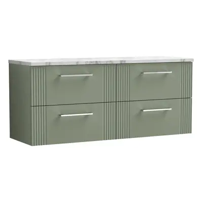 Retro Drawer Wall Hung Vanity Unit with Carrera Marble Laminate Worktop - 1200mm - Satin Green -