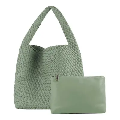 (Green) MOOWOO Fashion Ladies Bag Woven Bag PU Leather Cute Handbag Vegetable Basket Carry Tote 