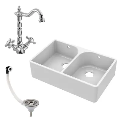 795mm - Double Bowl Fireclay Butler Kitchen Sink - Weir, French Classic Tap & Wastes