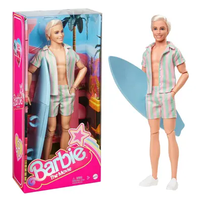 Barbie The Movie Ken Doll Wearing Pastel Pink and Green Striped Beach Matching Set with Surfboar