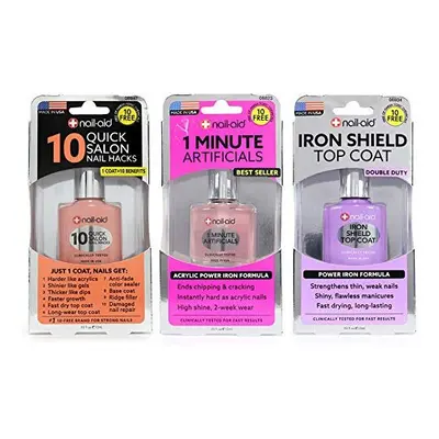 Nail-Aid 3pk Of Quick Hacks + Minute Artificials + Iron Shield Top coat, clear, NA, Fl Ounce