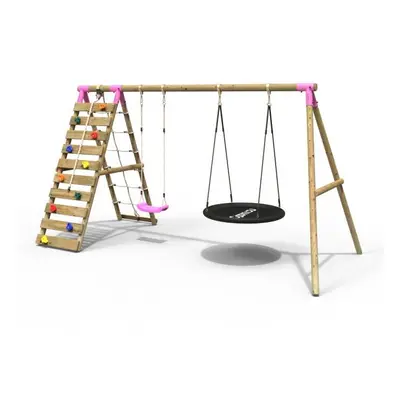 (Vale, Pink) Rebo Wooden Swing Set with Up and Over Climbing Wall