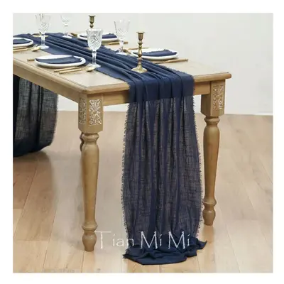 (62x1000cm, Navy blue) Table Runner Rustic Cotton Gauze Cloth Dining Burlap Retro Burr Texture V