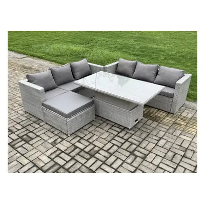 Fimous Outdoor Rattan Garden Funiture Set Height Adjustable Rising Lifting Table Sofa Dining Set