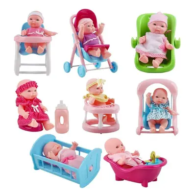 Set of Mini 5" Baby Dolls with Accessories Including Stroller, Bathtub, Crib, High Chair, Walker