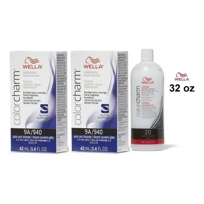 (9A(2)+Dev(Vol.20)32oz) Wella 9A Pale Ash Blonde Color Charm Permanent Liquid Haircolor & Develo