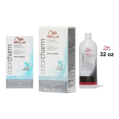 (T18+T14+Dev (Vol. 20) 32oz) Wella Color Charm T14 Pale Ash Blonde Permanent Liquid Hair Toner