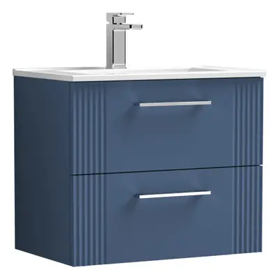 Retro Drawer Wall Hung Vanity Unit with Minimalist Tap Hole Ceramic Basin - 600mm - Satin Blue -