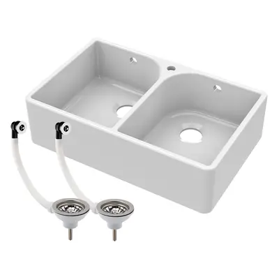 Double Bowl Fireclay Butler Kitchen Sink, Full Weir, Tap Hole & Wastes 795mm