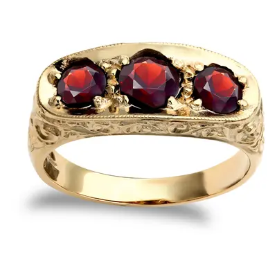 (Z) Jewelco London Men's Solid 9ct Yellow Gold Round Brilliant Garnet Stone Trilogy Carved Gypsy