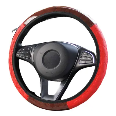 (Red) Wood Grain Leather Car Steering Wheel Cover Protective Cover Universal Non-slip