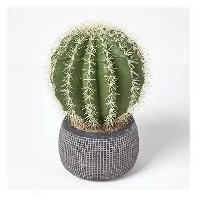 Homescapes Golden Barrel Artificial Cactus in Textured Stone Grey Pot, cm Tall