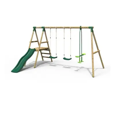 Rebo Explorer Wooden Garden Swing Set with Standard Swings, Glider, Platform and Slide - Green