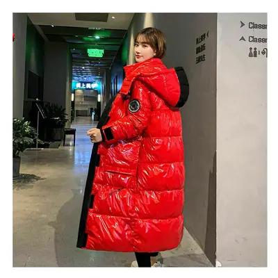 (XXL=UK L, Red) Women's Shiny Parka Jacket Ladies Hooded Long Puffer Coat Stand Collar Outwear