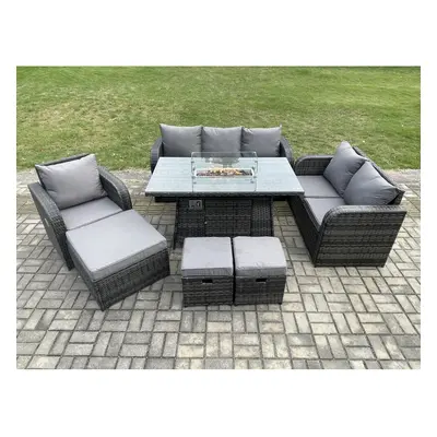 Fimous Rattan Garden Furniture Set with Fire Pit Table Seater Outdoor Lounge Sofa Set Dark Grey 