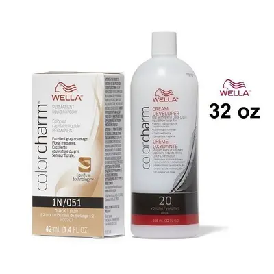 (1N+Dev(Vol.20)32oz) Wella 1N Black Color Charm Permanent Liquid Haircolor