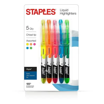 Staples Hype! Liquid Highlighters Assorted 5/Pack