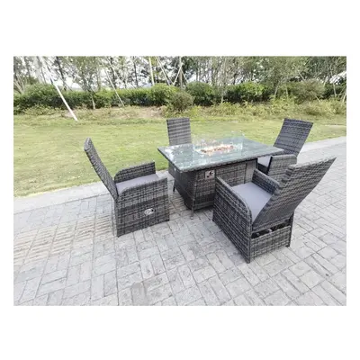 Fimous Rattan Garden Furniture Gas Fire Pit Rectangle Oblong Dining Table And Chairs Seater