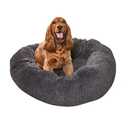 Sleepdown Shaggy Round Plush Dog Cat Calming Super Soft Doughnut Bed, Anti Slip Bottom, Machine 