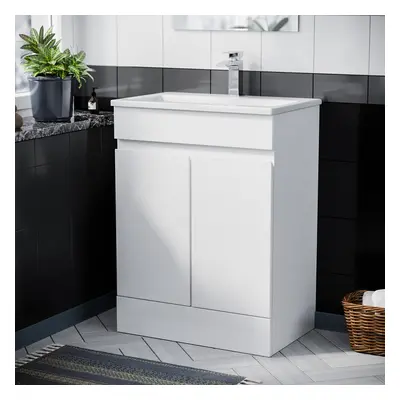 Nes Home White 600mm PVC Freestanding Bathroom Slim Basin Vanity Unit