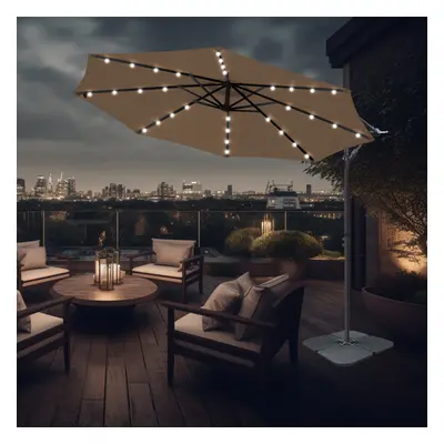 (Taupe) 3M Garden Banana Patio Cantilever Parasol LED Lights Umbrella with Base