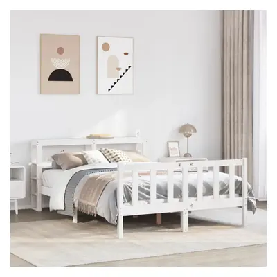 vidaXL Bed Frame with Headboard Bed White 135x190 cm Double Solid Wood Pine