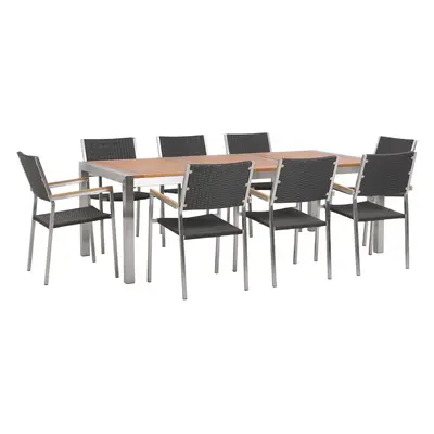 8 Seater Garden Dining Set Eucalyptus Wood Top with Black Rattan Chairs GROSSETO