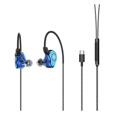 (Blue, Type C) Type C 3.5mm Plug Double Moving Coil Two Speaker In Ear Earphone Waterproof Sport