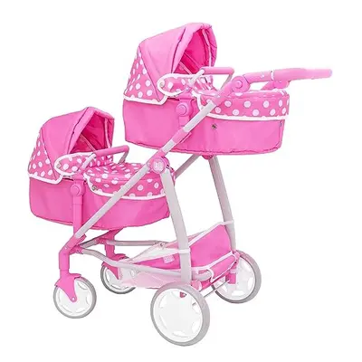 Twin Pushchair | Pink Polka Dot Double Pushchair | Double Dolls Pram with Adjustable Height Hand