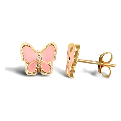 Jewelco London Ladies 9ct Yellow Gold Pink Enamel Butterfly Stud Earrings - JES252