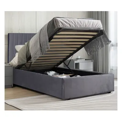 ((Grey, Single)) Ottoman Bed Storage Bed Frame Gas Lift Velvet Fabric