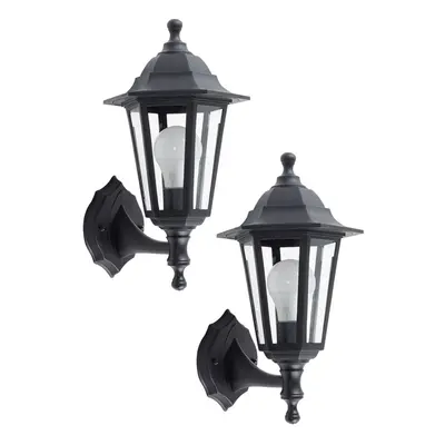 Pair of - Traditional Style Black Outdoor Security IP44 Rated Wall Light Lanterns - Complete wit